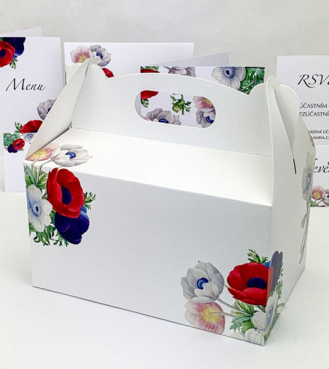 Svadobná krabička stredná s farebnými kvetmi sasaniek - K56-4011-01