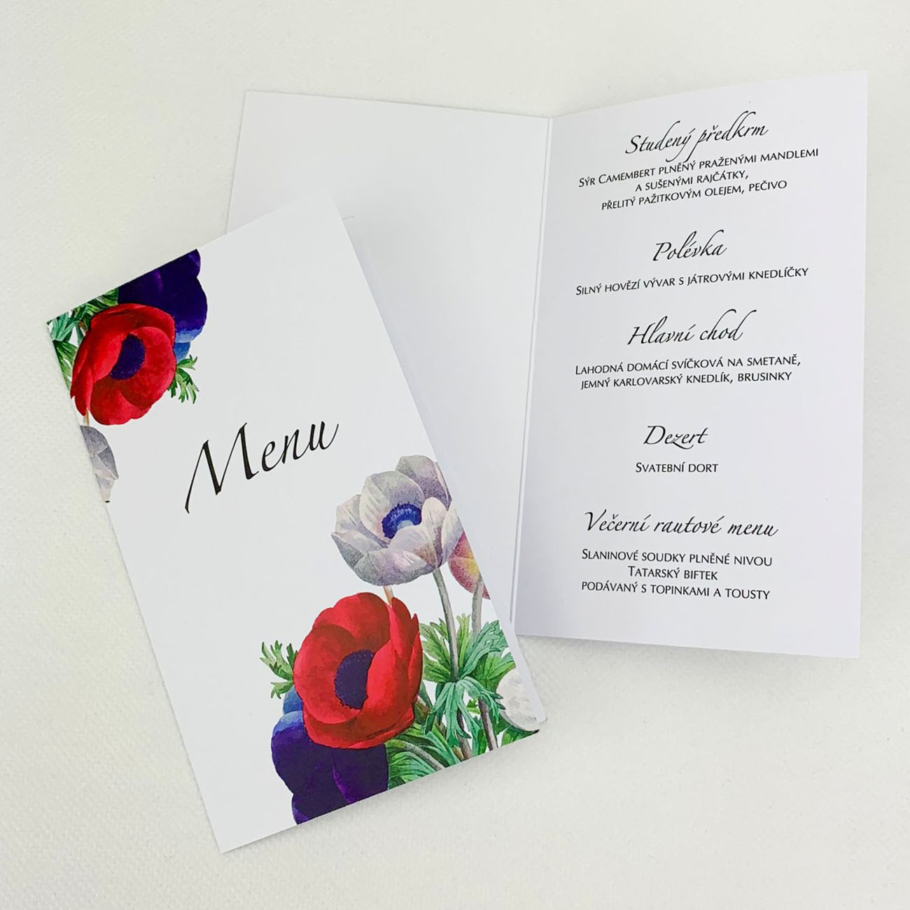 Svatební menu s barevnými květy sasanek - M4011